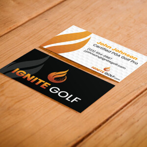 Ignite Golf business cards featuring a golf ball texture and leans into the flame iconography. Ignite Golf business cards featuring a golf ball texture and leans into the flame iconography.