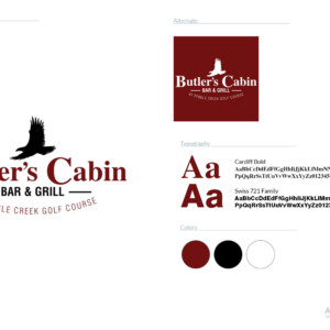 Peake Hospitality was in need of a logo for their new restaurant endeavor. They wanted a logo that was simple with elements that evoked feelings of outdoors and the north woods while fitting with the area the golf course is located in. The color scheme was a deep red and black, taking inspiration from buffalo plaid. Further design elements would lean into these rich colors paired with wood tones and textures. The eagle icon was produced from a photo of a bald eagle soaring over one of the fairways. Peake Hospitality was in need of a logo for their new restaurant endeavor. They wanted a logo that was simple with elements that evoked feelings of outdoors and the north woods while fitting with the area the golf course is located in. The color scheme was a deep red and black, taking inspiration from buffalo plaid. Further design elements would lean into these rich colors paired with wood tones and textures. The eagle icon was produced from a photo of a bald eagle soaring over one of the fairways.