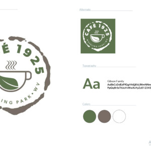As part of the Wheeling Park White Palace renovation, the park opened an area to function as a coffee shop and daily gathering spot for everyone that enjoys the park’s amenities. This became Cafe 1925. The concept was to incorporate elements of the parks branding, like the leaf in the mug. They also wanted something that felt unified and could function well as a standalone logo away from the park branding. Taking inspiration from other coffee shop logos, the Cafe 1925 logo came to life. As part of the Wheeling Park White Palace renovation, the park opened an area to function as a coffee shop and daily gathering spot for everyone that enjoys the park’s amenities. This became Cafe 1925. The concept was to incorporate elements of the parks branding, like the leaf in the mug. They also wanted something that felt unified and could function well as a standalone logo away from the park branding. Taking inspiration from other coffee shop logos, the Cafe 1925 logo came to life.