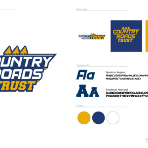 Country Roads Trust was the NIL extension of West Virginia University. When the NIL formed, they contracted Wheelhouse Creative, LLC to handle their branding, website, and other marketing needs. About 2 years ago, they requested a rebrand, initially just for promotional swag and give aways, but they liked it so much they took it on as their full brand.
The branding brief was to keep it in vein of their existing logo – WVU blue & gold, incorporate the trees and or mountains – but overall update to something that felt more like a sports logo. They wanted bolder fonts and something that would really jump out. Country Roads Trust was the NIL extension of West Virginia University. When the NIL formed, they contracted Wheelhouse Creative, LLC to handle their branding, website, and other marketing needs. About 2 years ago, they requested a rebrand, initially just for promotional swag and give aways, but they liked it so much they took it on as their full brand. The branding brief was to keep it in vein of their existing logo – WVU blue & gold, incorporate the trees and or mountains – but overall update to something that felt more like a sports logo. They wanted bolder fonts and something that would really jump out.