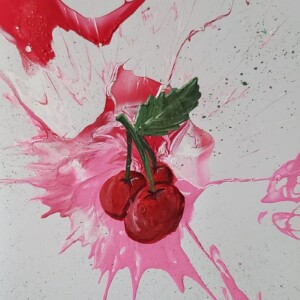 Prompt: Fresh & juicy. 5"x5" acrylic on foam core. I literally used the back of a spoon to create the splatter. Cool effect, but should have put down a drop cloth or something first. Acrylic April 2020