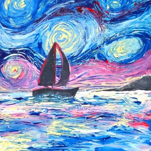 Prompt: boats. 5x5 acrylic on foamcore. Van Gogh inspired sail boat. I think I used the back end of a brush instead of the bristles for this. Acrylic April 2020