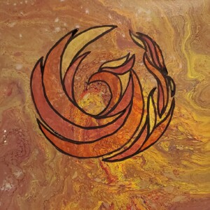 Prompt: fire and ash. 12x12 on canvas. I tried to do a pour over a stencil, but when I pulled the stencil off, the whole thing lifted up. So, I scrapped it, grabbed one of my warm pours that I was not overly fond of and put a Phoenix on it. Acrylic April 2020