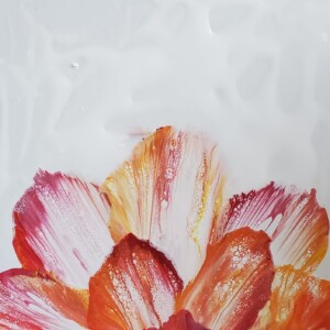Prompt: Art of Zen. 5"x5" on foam core. Fluid acrylic string pull abstract flower. Acrylic April 2020