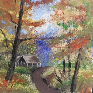 Prompt: refuge. 5"x5" acrylic on foamcore. Hints of Bob Ross come through this "up north" inspired painting. I mostly used a toothbrush to paint this. Acrylic April 2020