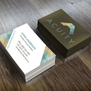 Business card concept showing a dark application of the branding on one side with a unique diagonal framing on the contact side, tying into the overall brand mark. Business card concept showing a dark application of the branding on one side with a unique diagonal framing on the contact side, tying into the overall brand mark.