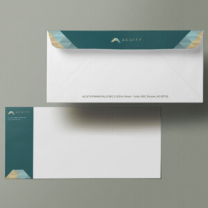 Business envelope showing the implementation of brand colors and accents within the greater design. Business envelope showing the implementation of brand colors and accents within the greater design.