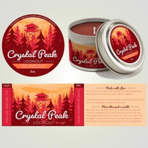 Candle tin packaging design for candles available for use and purchase at Crystal Peak Lookout. Candle tin packaging design for candles available for use and purchase at Crystal Peak Lookout.