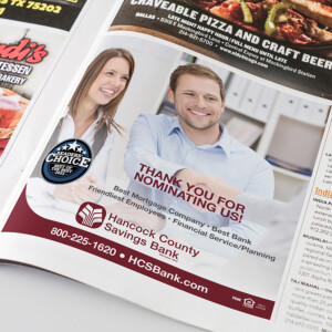 Magazine and newspaper print ad for Hancock County Savings Bank. Magazine and newspaper print ad for Hancock County Savings Bank.