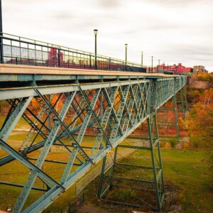 Side view of the pedestrian bridge over the Genesee River in Rochester, NY. Photography: Rochester, NY. Side view of the pedestrian bridge over the Genesee River in Rochester, NY.
