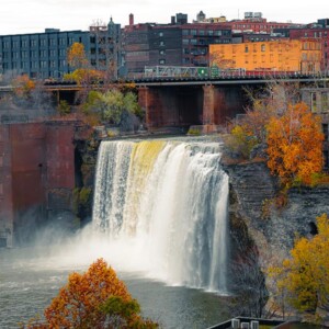 High falls on the Genesee River in Rochester, NY. Photography: Rochester, NY. High falls on the Genesee River in Rochester, NY.