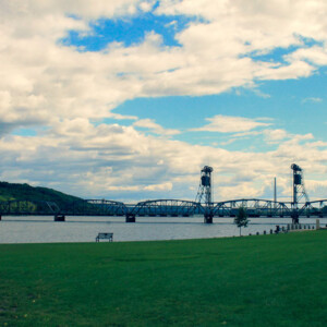 Long shore view of the St. Croix river towards the aerial lift bridge. Long shore view of the St. Croix river towards the aerial lift bridge.