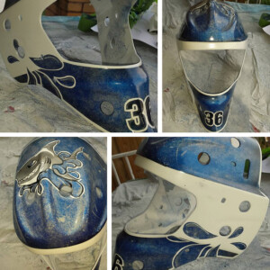 Cartoon shark design. Blue texture was made by spraying silver mixed with acetone over the metallic blue base. Bauer NME 9. Sharky