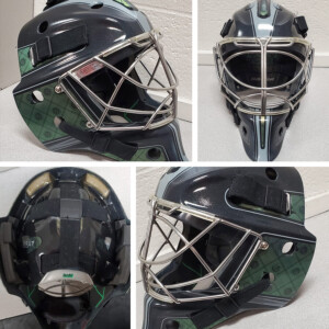 FMC repeater design using water transfer and green hypershift powders on Bauer NME VTX. Backplate features a tribute to my mom (her birth date) and a player I coached who lost her life in a car accident. FMC