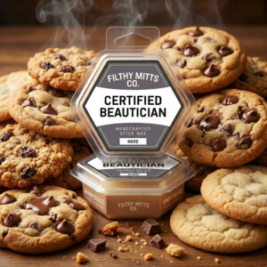 Actual photo of product with updated labeling/packaging processed through Kive.ai to generate realistic themed environment product images. Filthy Mitts Co. Certified Beautician Stick Wax