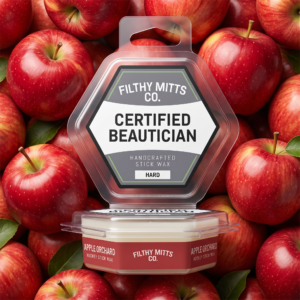 Actual photo of product with updated labeling/packaging processed through Kive.ai to generate realistic themed environment product images. Filthy Mitts Co. Certified Beautician Stick Wax