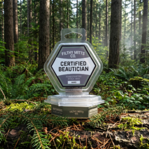 Actual photo of product with updated labeling/packaging processed through Kive.ai to generate realistic themed environment product images. Filthy Mitts Co. Certified Beautician Stick Wax