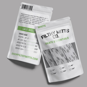 Pouch style skate lace packaging with see through window. Filthy Mitts Co. Laces