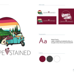 This branding project for Grapestained was one of my favorite projects to date. Normally, I would not suggest such an in depth, illustrative logo, but the vision for it was so clear that I was 100% on board. The project presented challenges from the sole size of the image, the subtle details, and intention behind the layout. Each grape in the truck (and falling out of) has been individually set and finding a way to limit the color palette but still accomplish depth and movement were, at times, frustrating. Turning into a single color for both light and dark was a whole new challenge of its own. The real joy was in the final approval and hearing how much the client loved it! This branding project for Grapestained was one of my favorite projects to date. Normally, I would not suggest such an in depth, illustrative logo, but the vision for it was so clear that I was 100% on board. The project presented challenges from the sole size of the image, the subtle details, and intention behind the layout. Each grape in the truck (and falling out of) has been individually set and finding a way to limit the color palette but still accomplish depth and movement were, at times, frustrating. Turning into a single color for both light and dark was a whole new challenge of its own. The real joy was in the final approval and hearing how much the client loved it!
