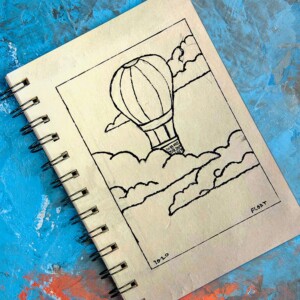 Simple line drawing of a hot air balloon floating through the clouds. Inktober 2020 - Day 28: Float.