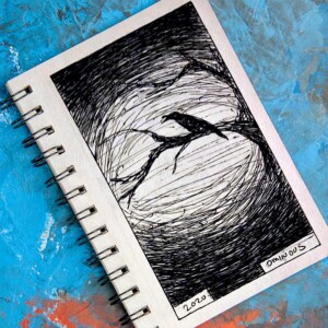A raven on a tree branch shadowed by moonlight. Inktober 2020 - Day 30: Ominous. A raven on a tree branch shadowed by moonlight.
