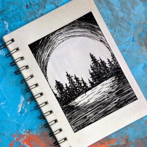 A big moon reflects off a wooded lake. Inktober 2021 -Day 18: Moon. A big moon reflects off a wooded lake.